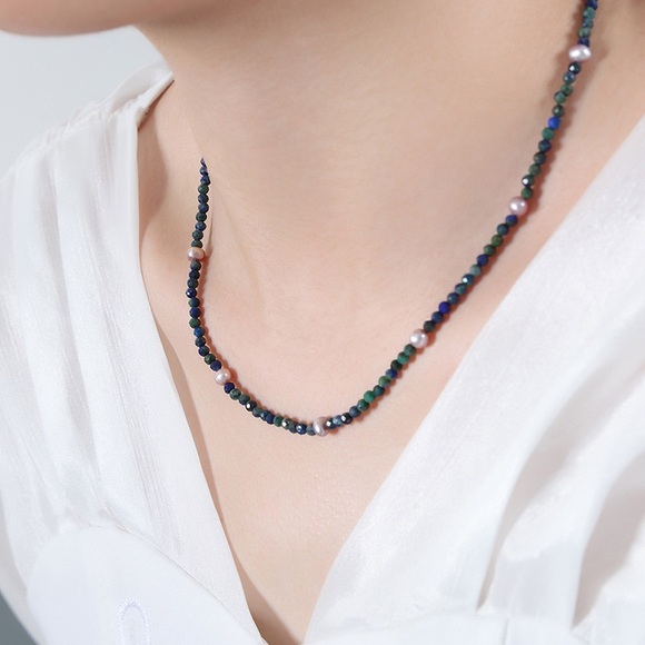 18K Gold Plated Lapis Necklace*Pink Pearl*Lapis Lazuli*Gemstone Necklace - Picture 2 of 8